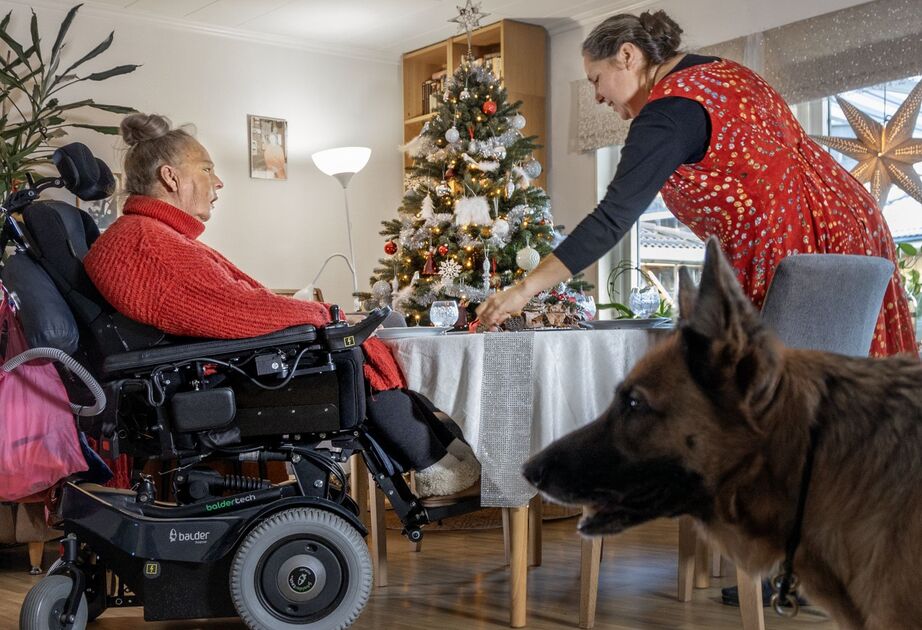 Maria Hagen i elektrisk rullestol instruerer assistenten i borddekking. Juletre i bakgrunnen, schäferhund i forgrunnen
