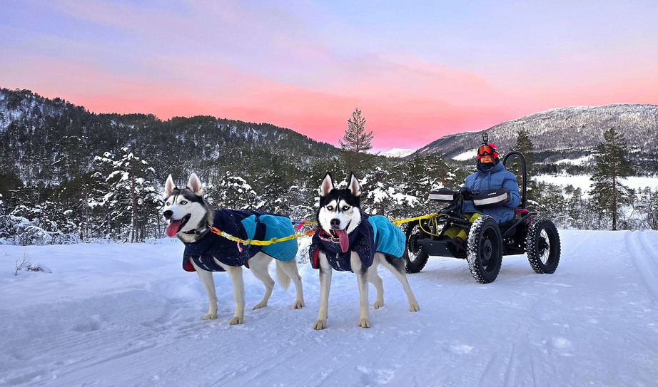Kvinne i terrenkjøretøy trekkes av to huskyer i snøen