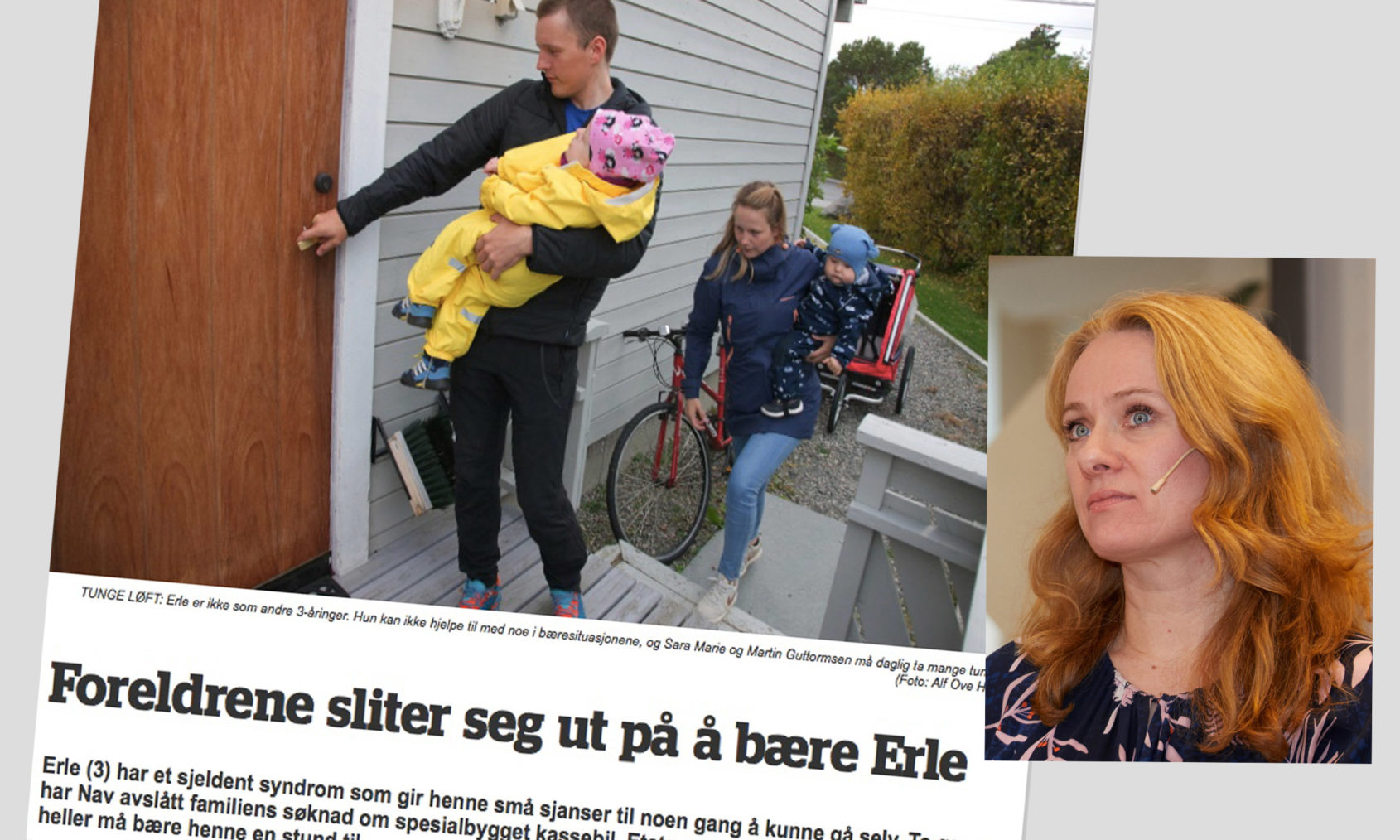 Montasje med oppslaget «Foreldrene sliter seg ut på å bære Erle» og portrettfoto av Anniken Hauglie.