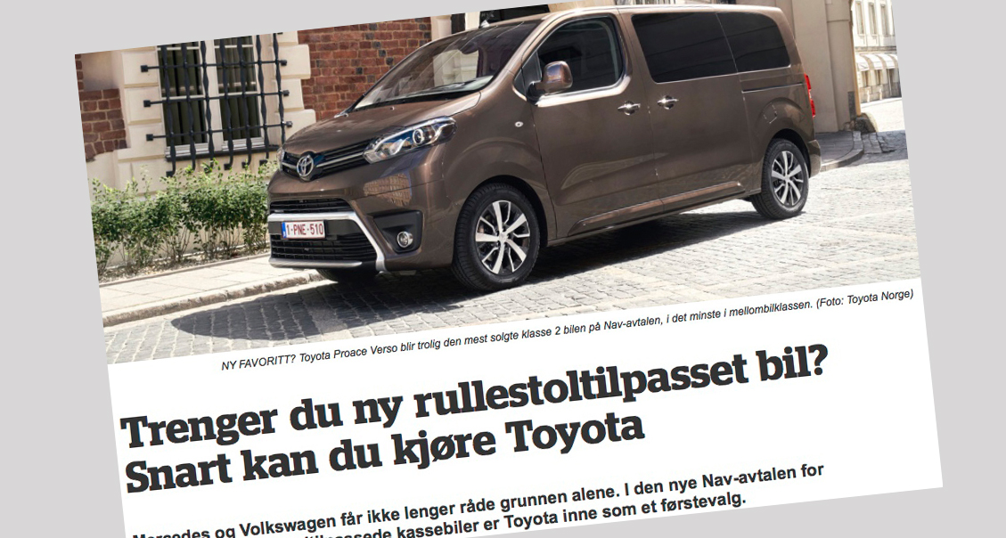 Klipp fra oppslaget med bilde av en Toyota og tittelen «Trenger du ny rullestoltilpasset bil? Snart kan du kjøre Toyota».