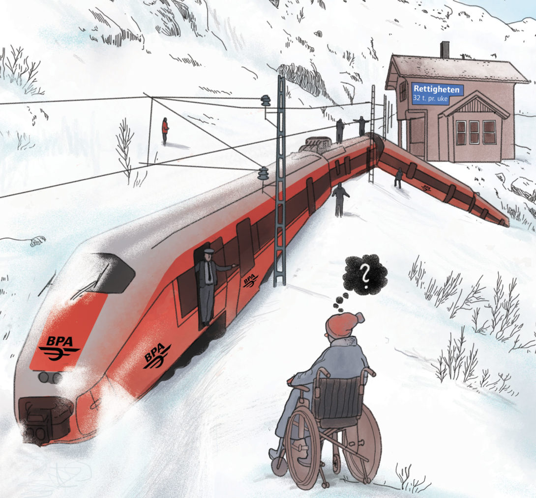 Tegning av et tog som har sporet av på en fjellovergang. På toget står bokstavene BPA utformet som NSBs logo. En rullestolbruker ser spørrende på. Toget har nettopp passert en stasjon med følgende skilt: Rettigheten - 32 t. pr. uke.