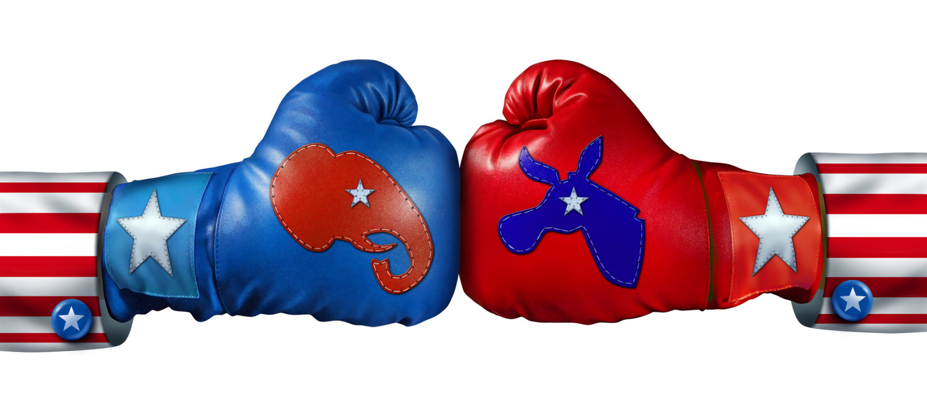 Bilde av to boksehansker med logoene til Republikanerne og Demokratene slår mot hverandre.