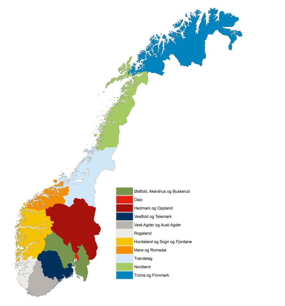 Norgeskart med nye fylkesgrenser tegnet inn.