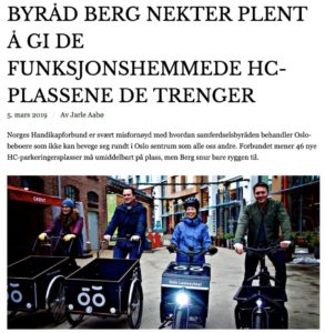 Skjermdump med bilde av MDG-politikere på sykkel og tittelen: Byråd berg nekter plent å gi de funksjonshemmede HC-plassene de trenger.