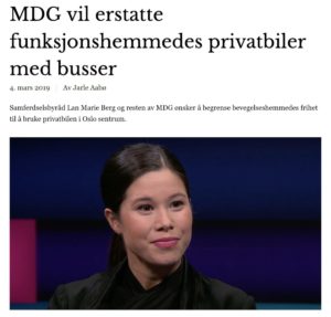 Skjermdump med foto av Lan Marie Berg og tittelen «MDG vil erstatte funksjonshemmedes privatbiler med busser»