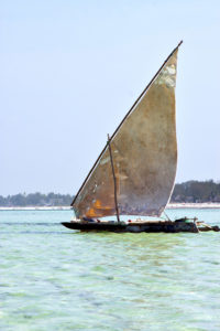 Bilde av fiskebåt med seil i sjøen utenfor en strand.