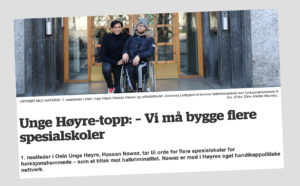 Bilde av oppslaget med bilde og tittelen: Høyre-topp: – Vi må bygge flere spesialskoler