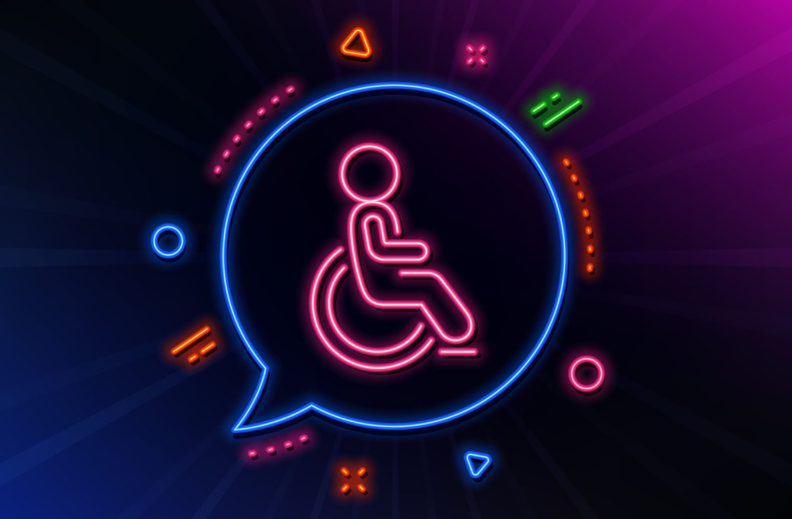 Illustrasjon med rullestolsymbolet i et neonskilt.