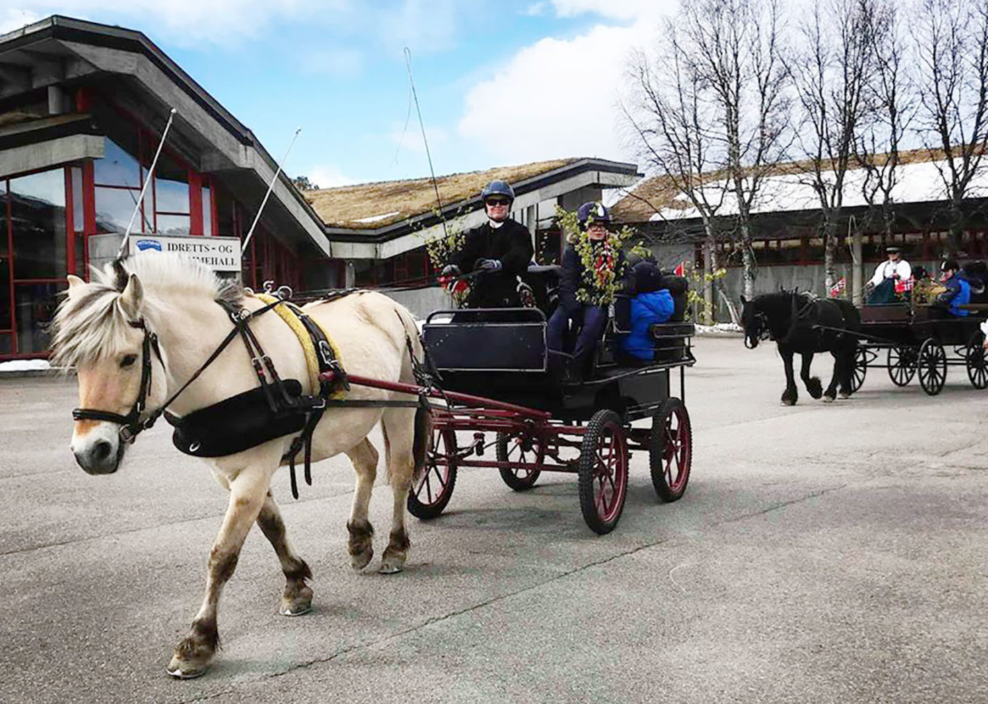 Pyntede hester og vogner foran inngangen til senteret.