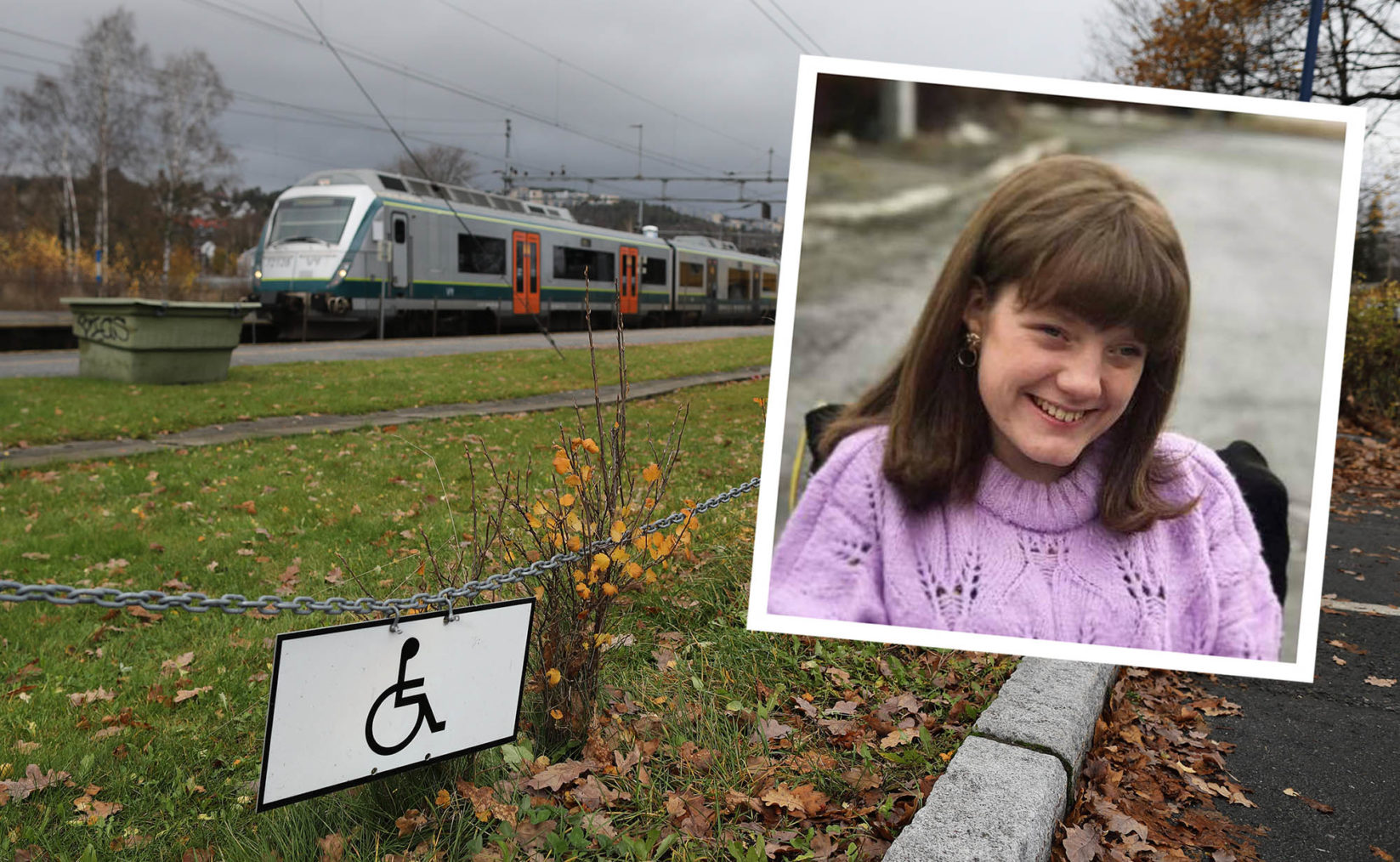 Portrett av Marianne innfelt på bilde av tog som forlater i stasjonen. I forgrunnen, et skilt med et rullestolsymbol.