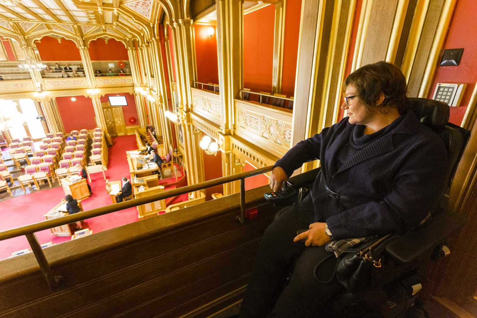 Tove Linnea Brandvik fotografert på galleriet i Stortinget. Hun sitter i rullestol og ser ned på stortingssalen.