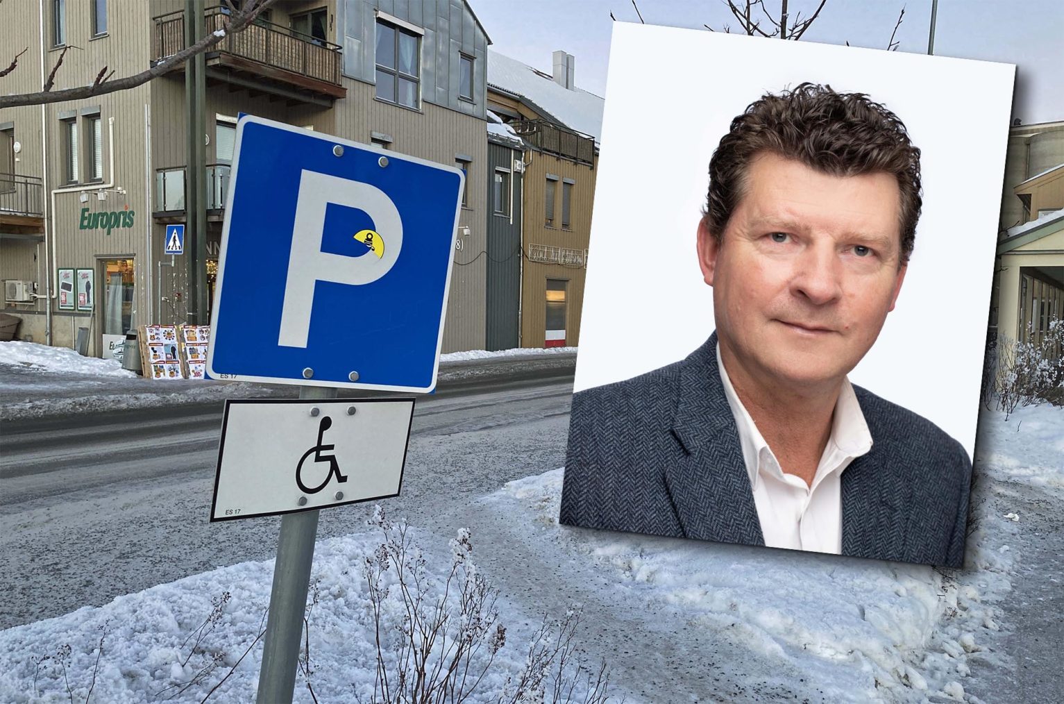 Fotomontasje med bilde av handikap-parkeringsskilt og portrett av Lars Monsen.