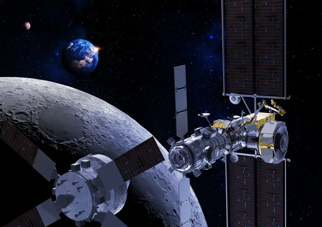 Bilde av Lunar Gateway med månen og jorda i bakgrunnen.
