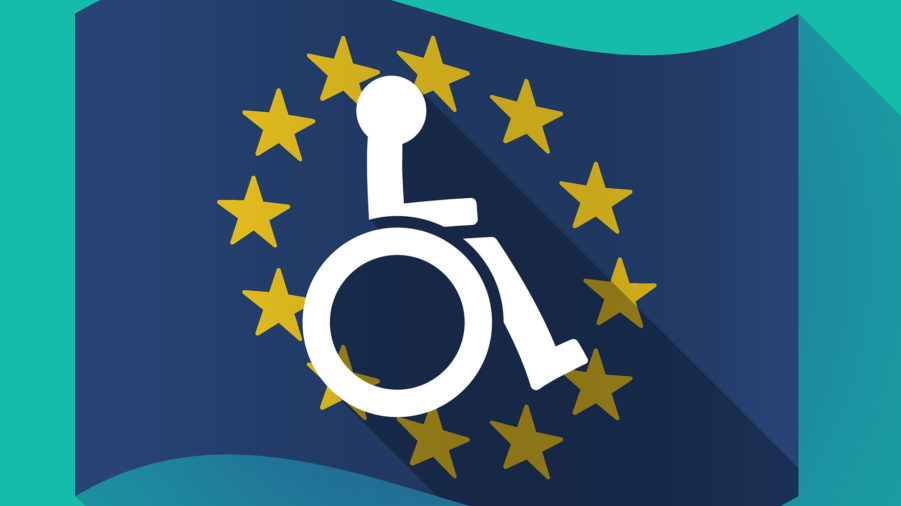 Stilisert tegning av rullestolsymbol på et EU-flagg.