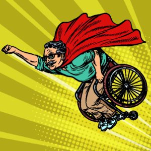 Tegning av eldre mann i rullestol og rød kappe som flyr som Supermann gjennom luften. Stilen er tegneserie-/popart-inspirert