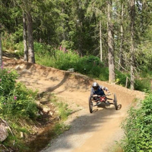 Bilde av sykkel på vei ned en grusbane i terrenget.