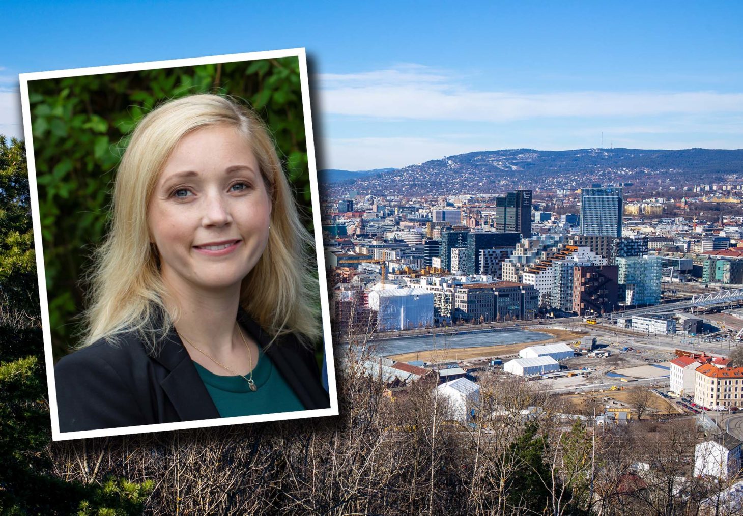 Portreett av Karoline Grosås Nordbø innfelt på et utsiktsbilde over Oslo.