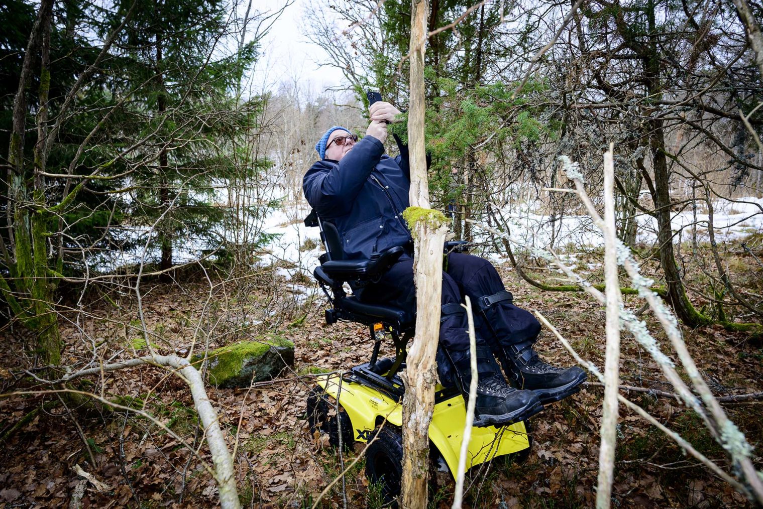 Bjørn Harald i skogen, hever setet på rullestolen og tar bilde opp mot fuglekassen i treet med mobiltelefonen.