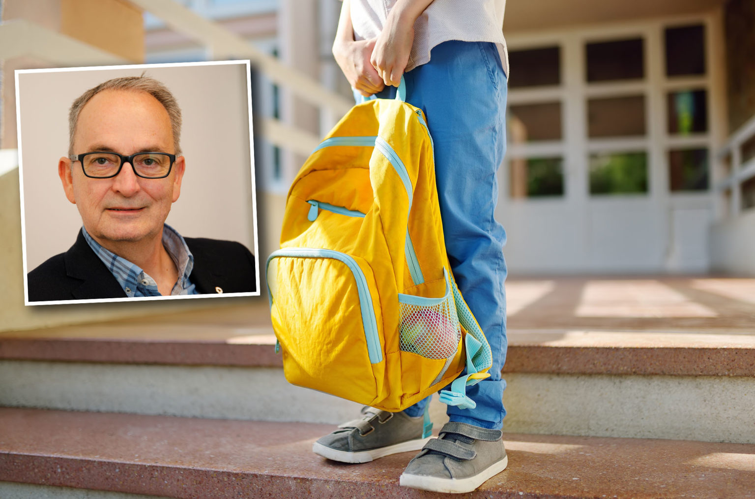 Montasje med bilde av et barn som står på en skoletrapp med ryggsekken i hånden. Innfelt er et portrett av Lars Ødegård.