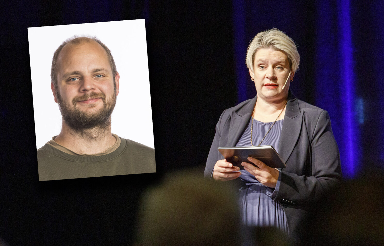 Portrett av Mímír Kristjánsson innfelt på et bilde av Marte Mjøs Persen som holder tale på et møte.