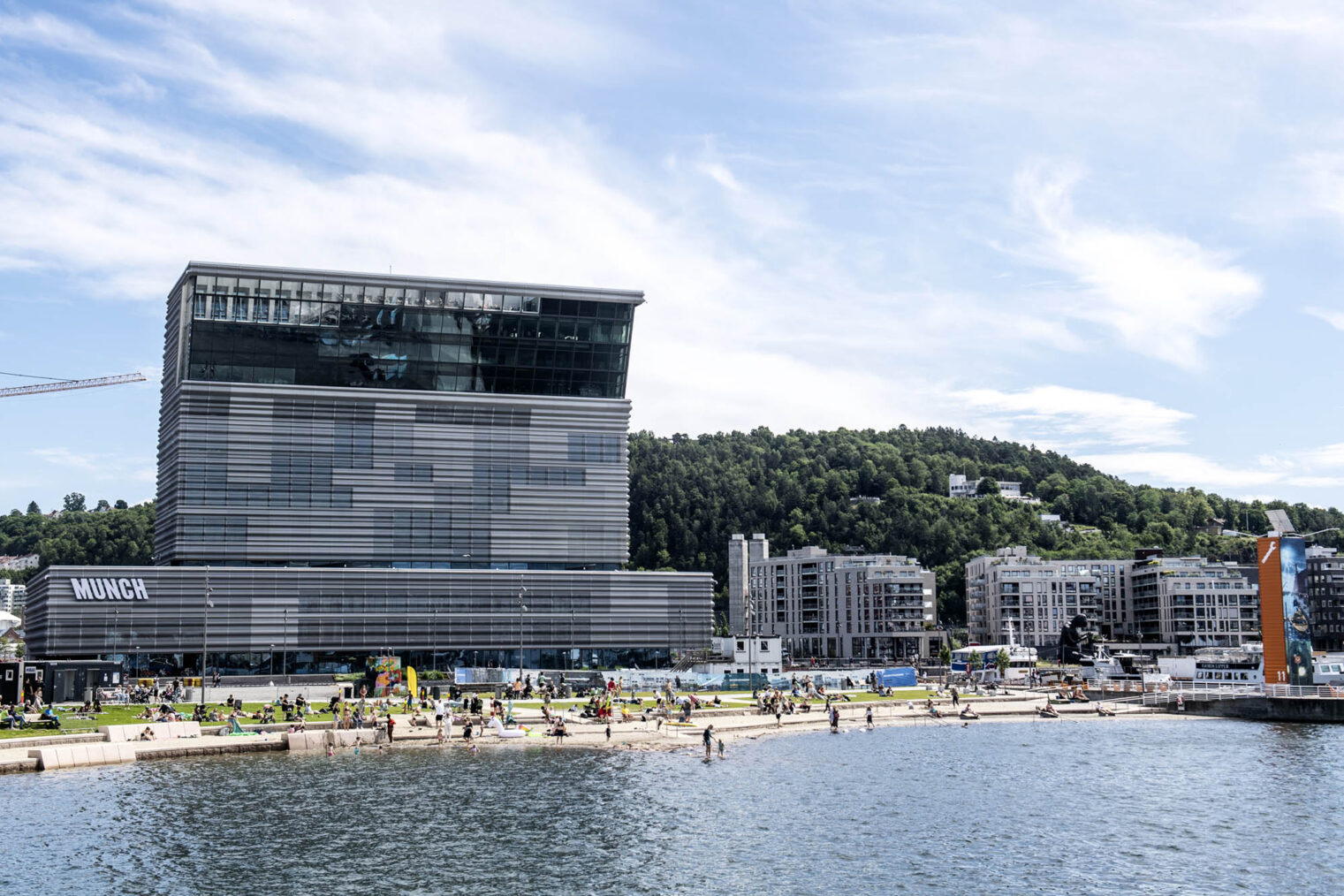 Oversiktsbilde av Munchmuseet i Oslo og strandlinjen nedenfor.
