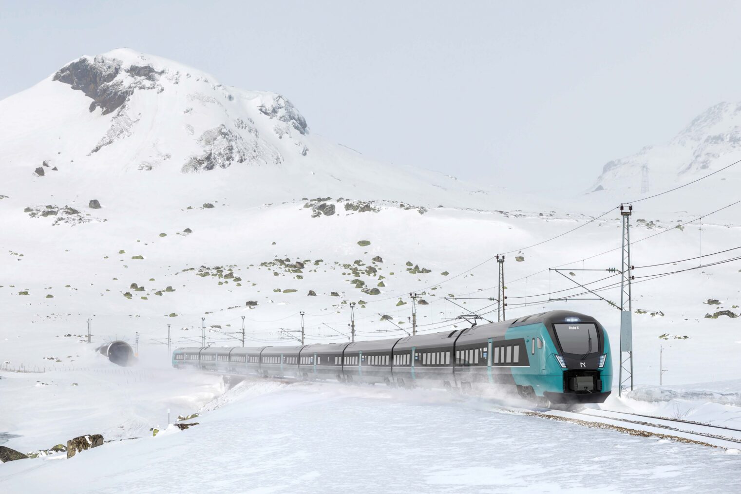 Bilde av tog på bergensbanen om vinteren.