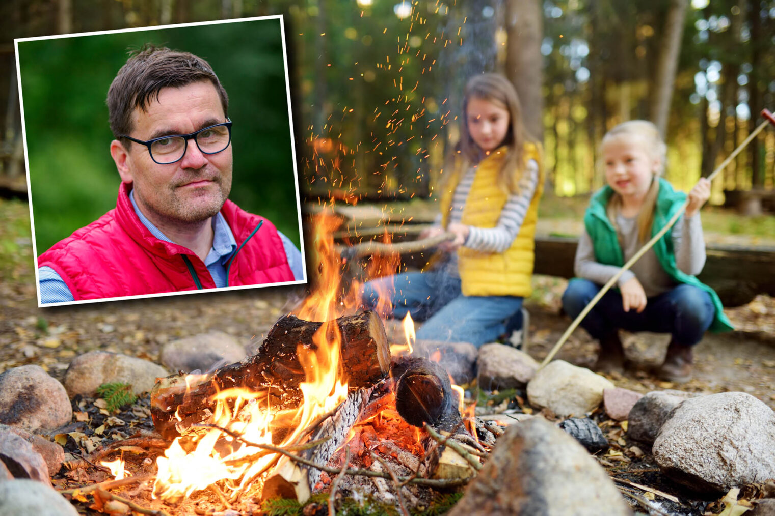 Portrett av Håvard Ravn Ottesen innfelt på et bilde av to barn som sitter med pinner og griller på et bål.