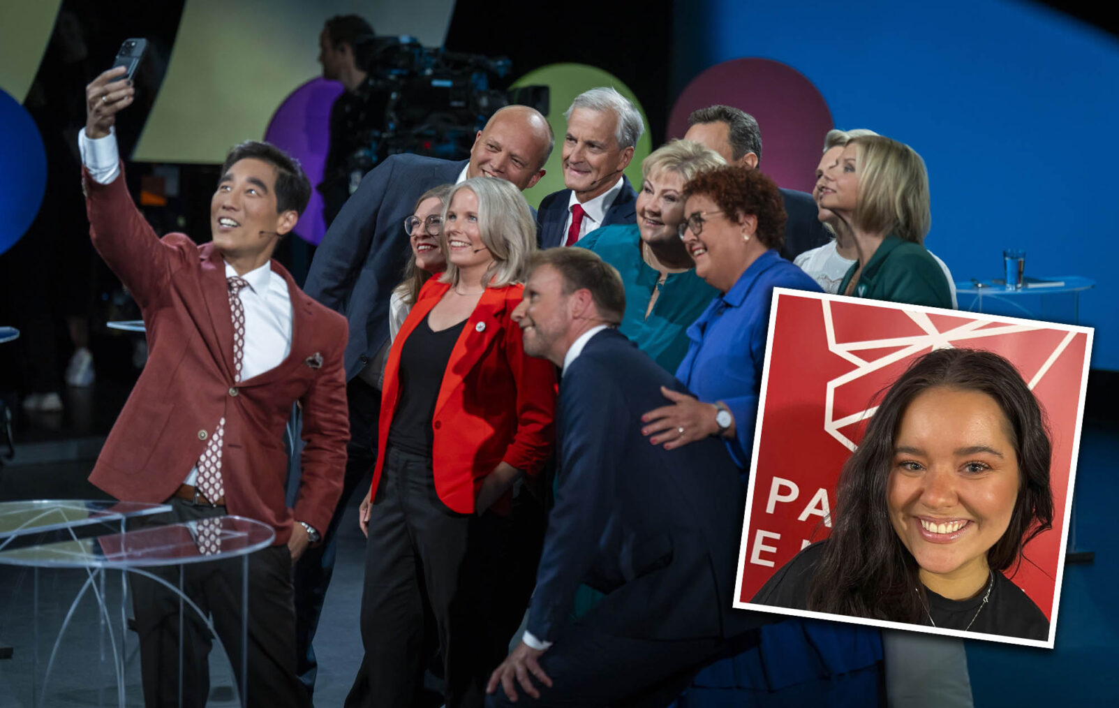 Partiledernre poserer mens programleder Fredrik Sovang tar selfie med alle i bakgrunnen. Bondevik innfelt.