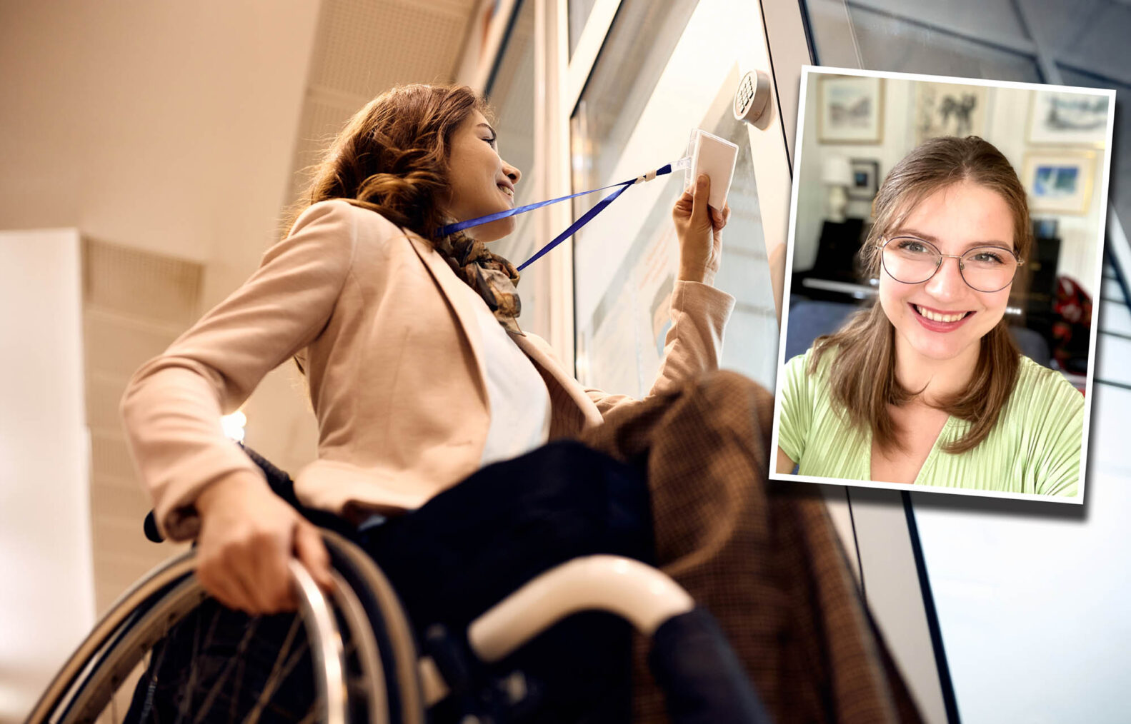 Jule Bløchlingers portrett innfelt på et bilde av en kvinne i rullestol som bruker nøkkelkort for å komme inn på et kontor.