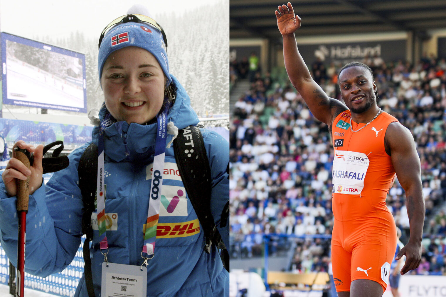 Collage av Vilde Nilsen på skiarena og Salum Ageze Kashafali på Bislet stadion