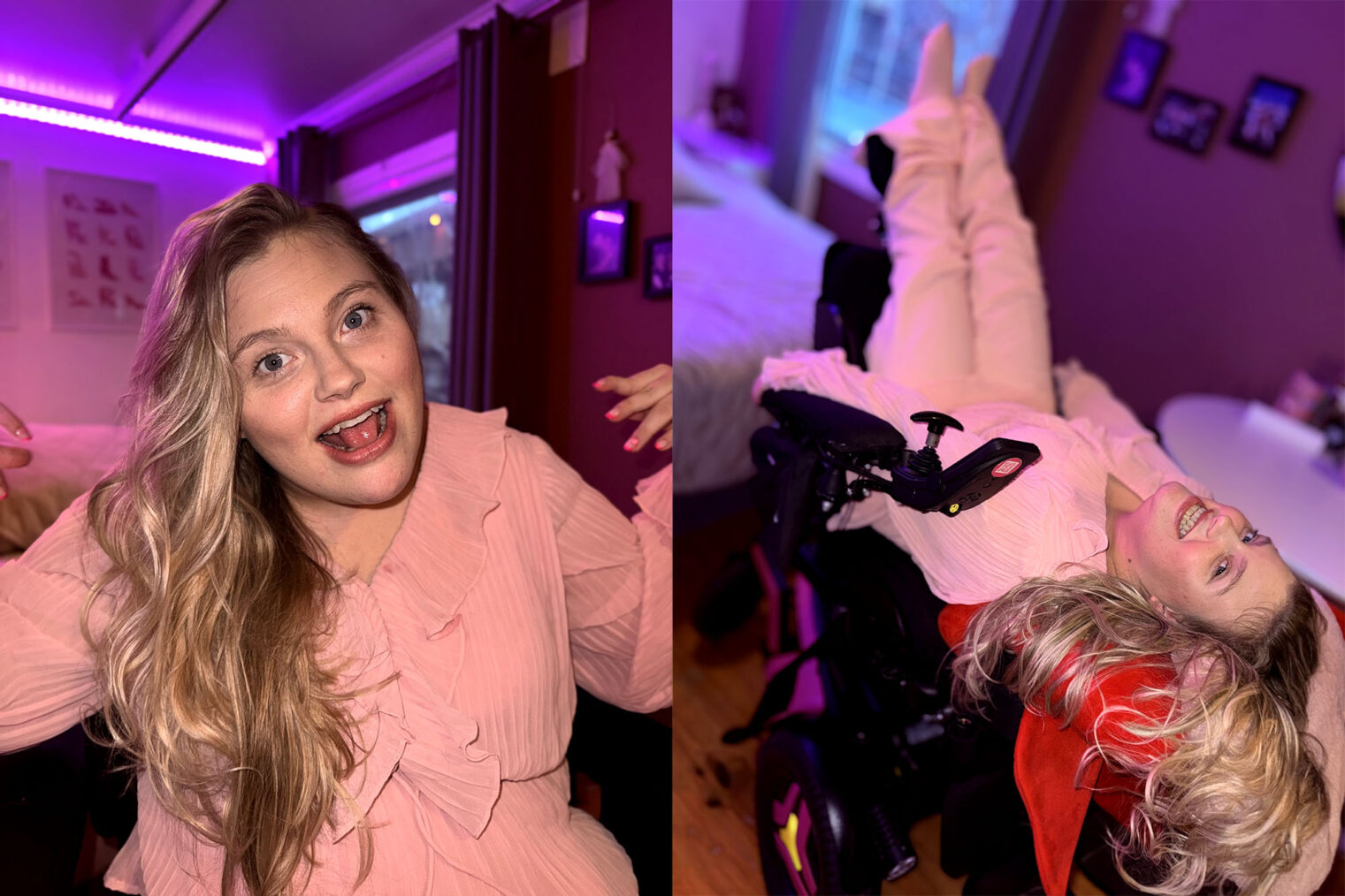 Collage med to bilder av Rebecca Lie i rosa klær og omgivelser. Ett vanlig portrett og ett der hun ligger bakover i rullestolen med håret flagrende bakover
