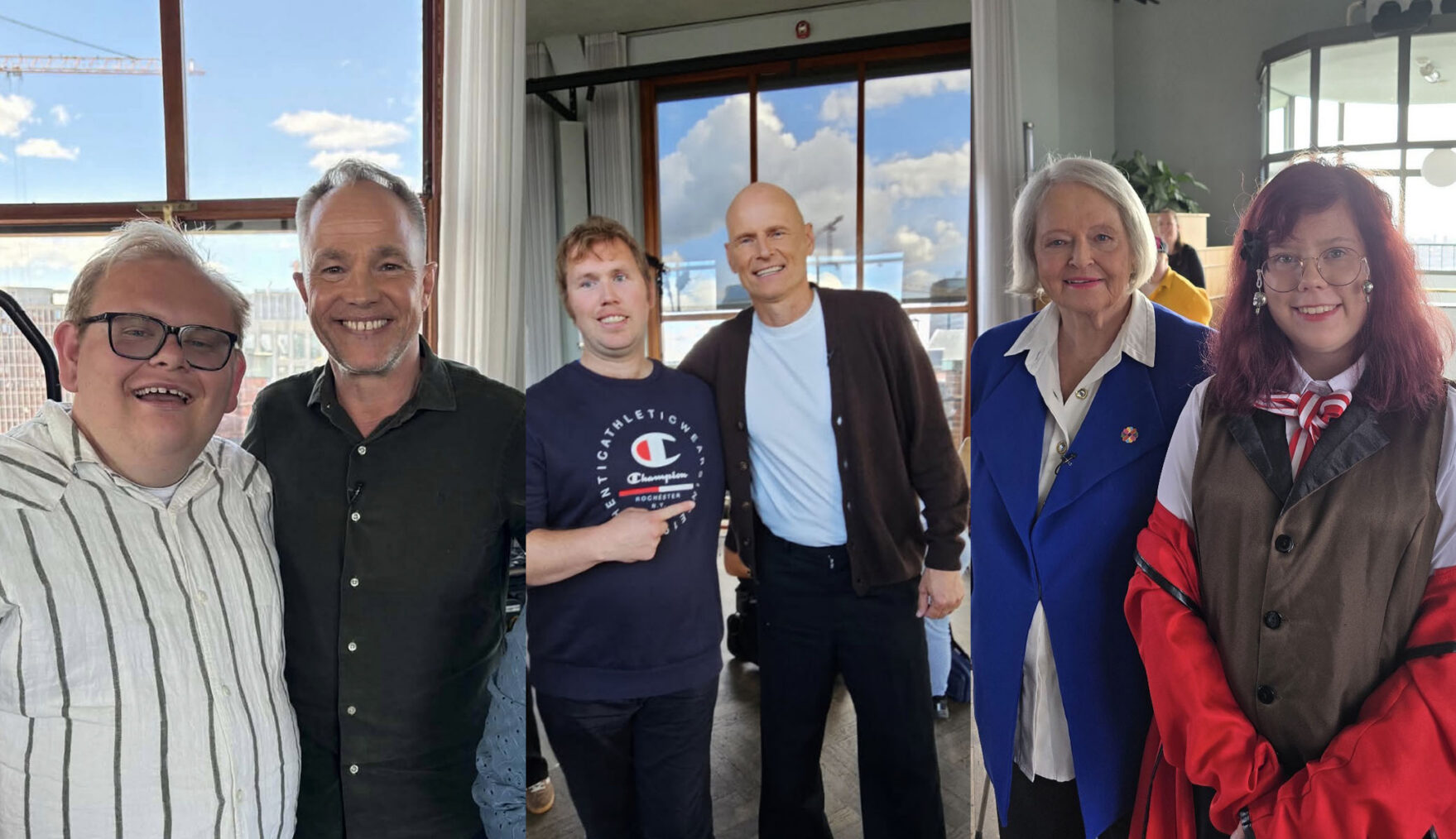 Collage av selfier A-lagets reportere har tatt med intervjuobjekter. Magnus Olaf og Jon Øigarden, Martin Abrahamsen og Ståle Solbakken, Gro Harlem Brundtland og Amanda Frednes